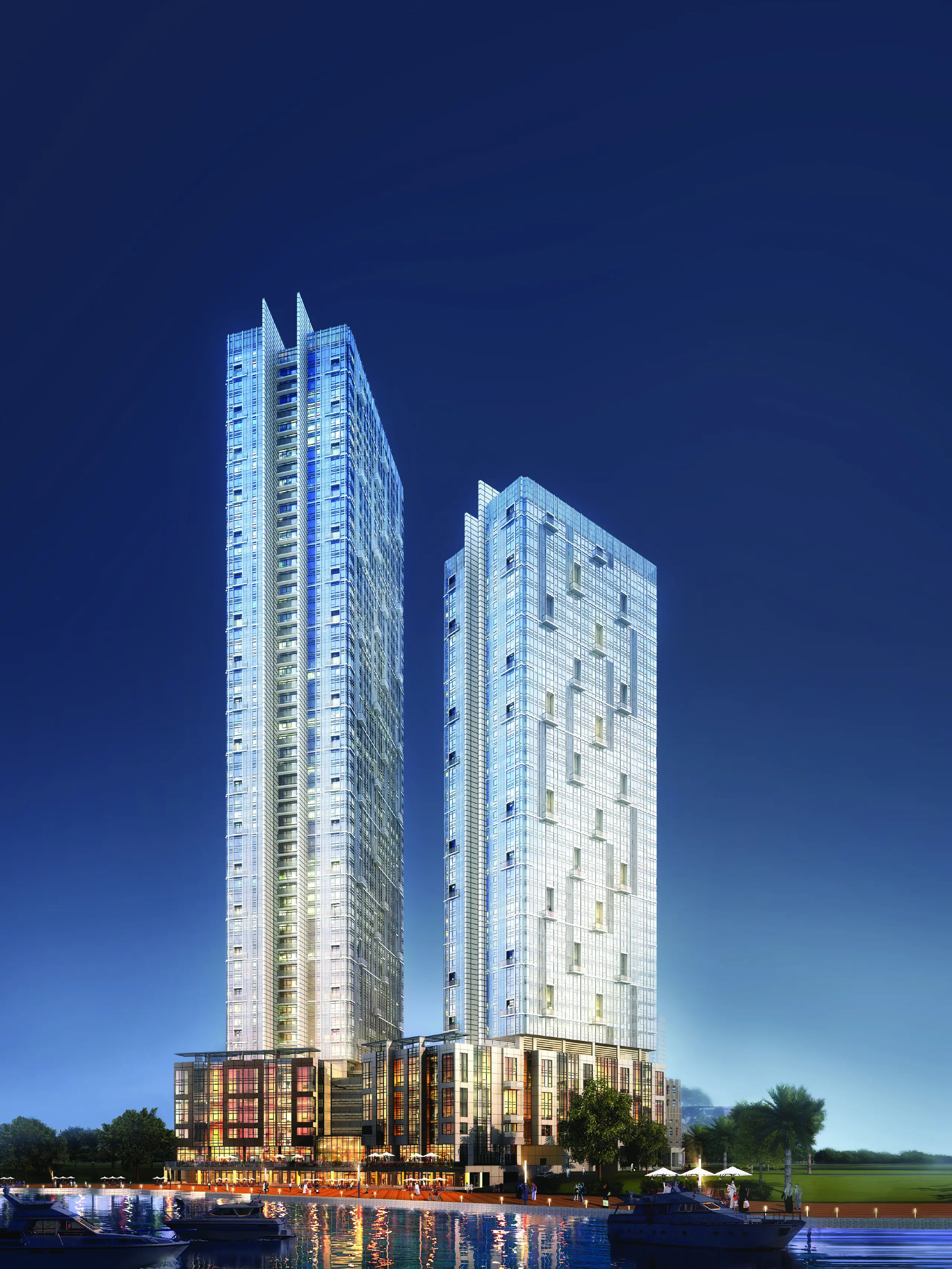 Modern tower elevation of Horizon Towers within City of Lights development.