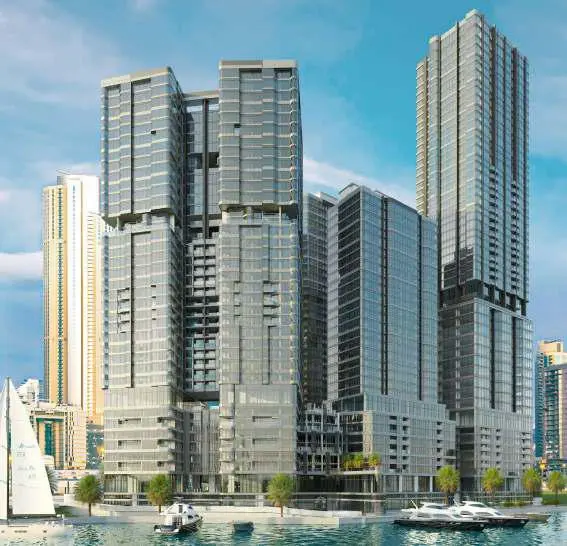 Modern glass facade exterior of Radiant Viewz residential tower in City of Lights, Al Reem Island, Abu Dhabi real estate.