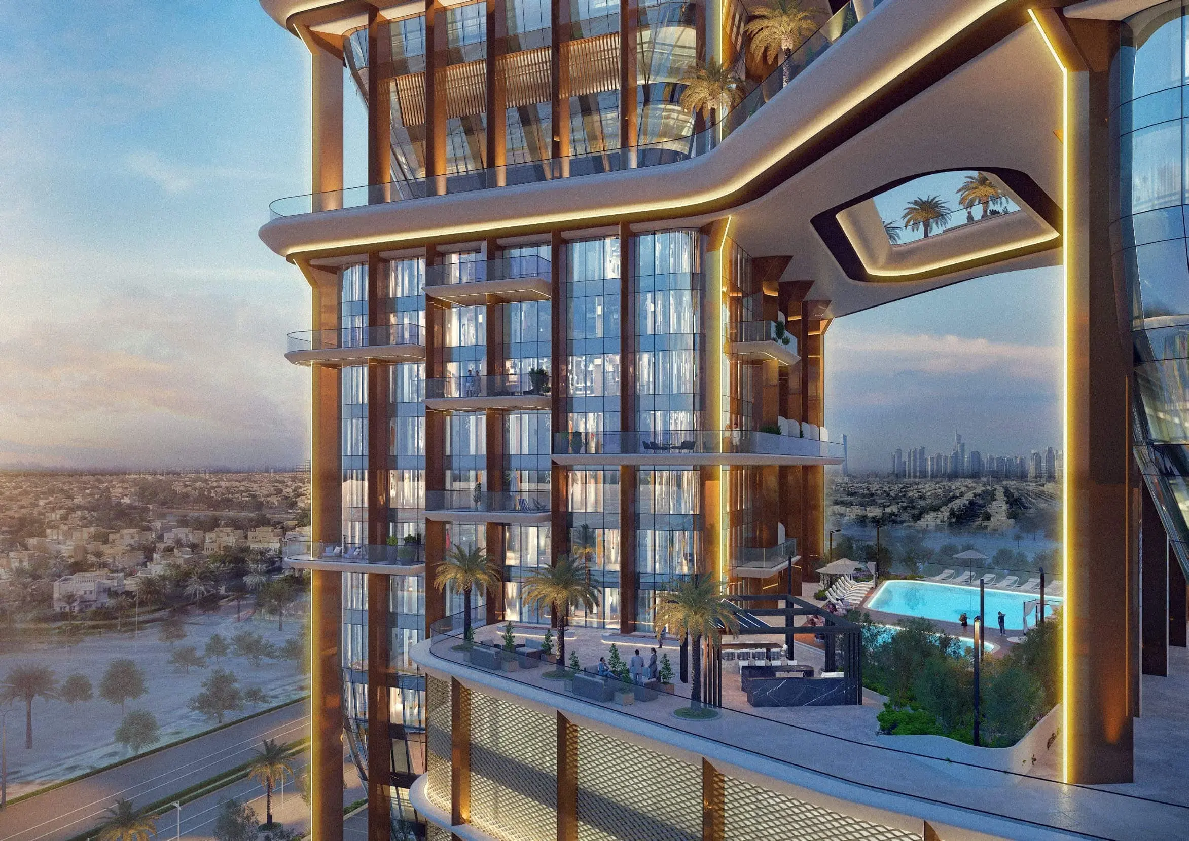 Radiant Bridges Towers landscaped podium terrace on Al Reem Island Abu Dhabi providing green outdoor spaces for community living.
